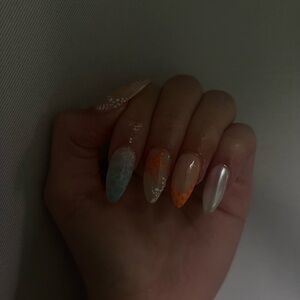 Colorful Summer Nail Art with Silver Accent Press On Nails